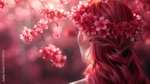 a woman with long red hair and a flower in her hair is looking into the distance with pink flowers in her hair. photo