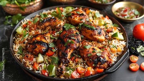 Arabian kabsa platter with spiced rice and grilled chicken