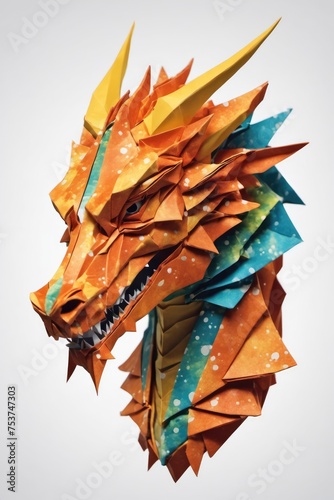 Origami dragon suspended in the air on a white background.