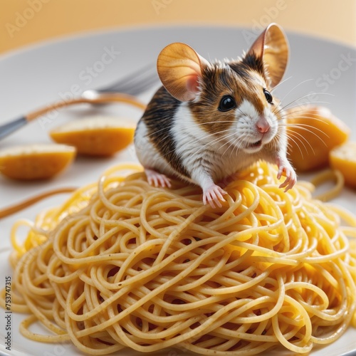 A hamster sits on a plate of pasta.