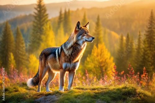 Wolf in nature in backlight. Wolf on the outskirts of the forest.