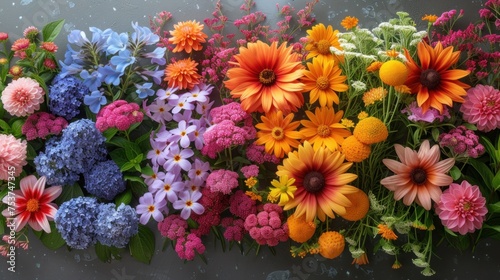 a bunch of flowers that are sitting on a table in front of a blackboard with a picture of a bunch of flowers that are sitting on top of the table in front of them. photo