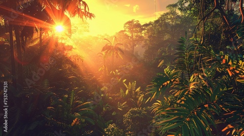A sunset view from within the Amazon forest, with the sun's rays casting long shadows through the dense array of trees and plants, highlighting the intricate layers of the jungle. 8k photo