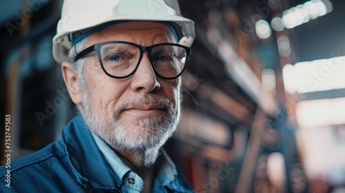 Portrait of 60 years old professional heavy industry engineer worker wearing hardhat