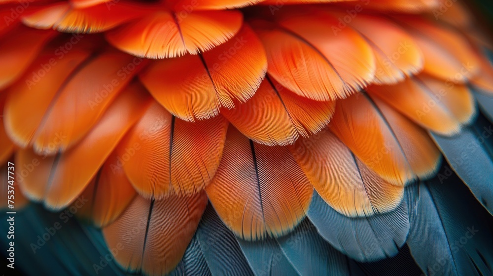 a close up of an orange and blue bird's feathers with orange and blue feathers on it's back. a close up of an orange and blue bird's feathers with orange and blue feathers on it's back.