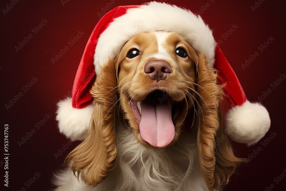 Yawning English Cocker spaniel puppy dressed like santa claus
Yawning English Cocker spaniel puppy dressed like santa claus