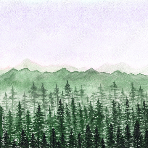 Hand drawn watercolor forest lanscape mock up in pink and green tones with copy space. Iillustration of coniferous wood and mountains. Design elements.