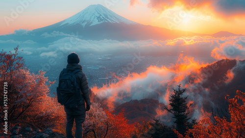 a man tourist in backpack standing After successfully conquering the peak , on top of a Japanese temple with Mount Fuji ,generative ai © Suralai