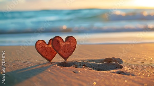 Hearts in the sand on the beach with blurred background