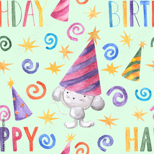 Hand drawn watercolor seamless pattern with cute mouse in party hat and spiral festive confetti as Birthday party background with handwritten words  happy birthday .Print cards invitations and banners