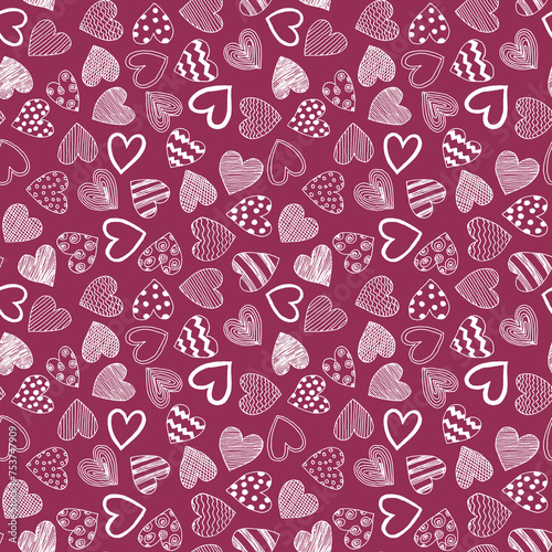 Hand drawn line art different shaped white hearts with waves,stripes,lines and dots as simple seamless pattern.Minimalistic Valentine's Day burgundy red background for cards,invitation,wrapping paper.