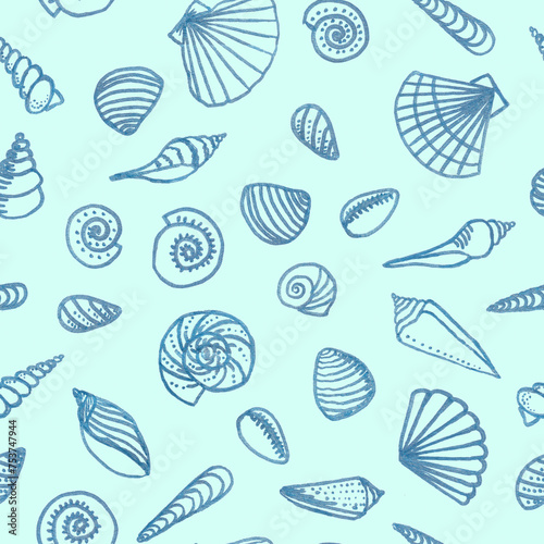 Hand drawn line art different shaped seashells as summer sea vacation background.Aquatic marine life doodle wallpapers