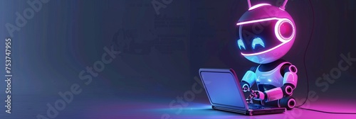 Cute friendly artificial intelligence robot using laptop computer with purple neon glow light, chatbot and AI assistant concept futuristic technology 3d illustration, banner photo