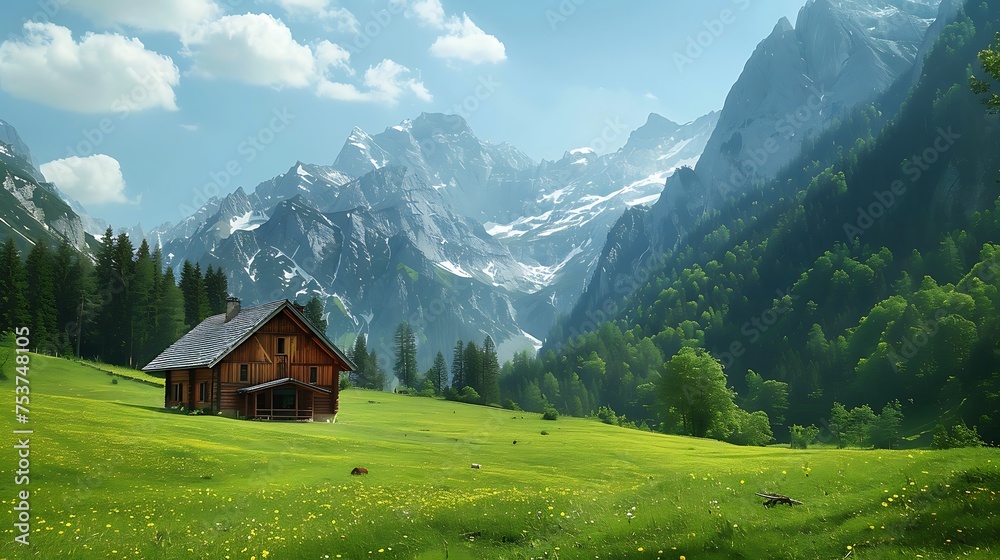 landscape in the Alps with mountain chalet and green meadows