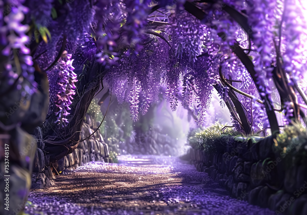 Wisteria garden, a climbing plant known for its showy hanging purple inflorescences. AI generated - obrazy, fototapety, plakaty 
