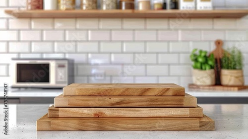 Stacked of wooden cutting board form an empty podium for display product. In the background is the counter with spice boxes, knife tray and microwave decorated on white tile background
