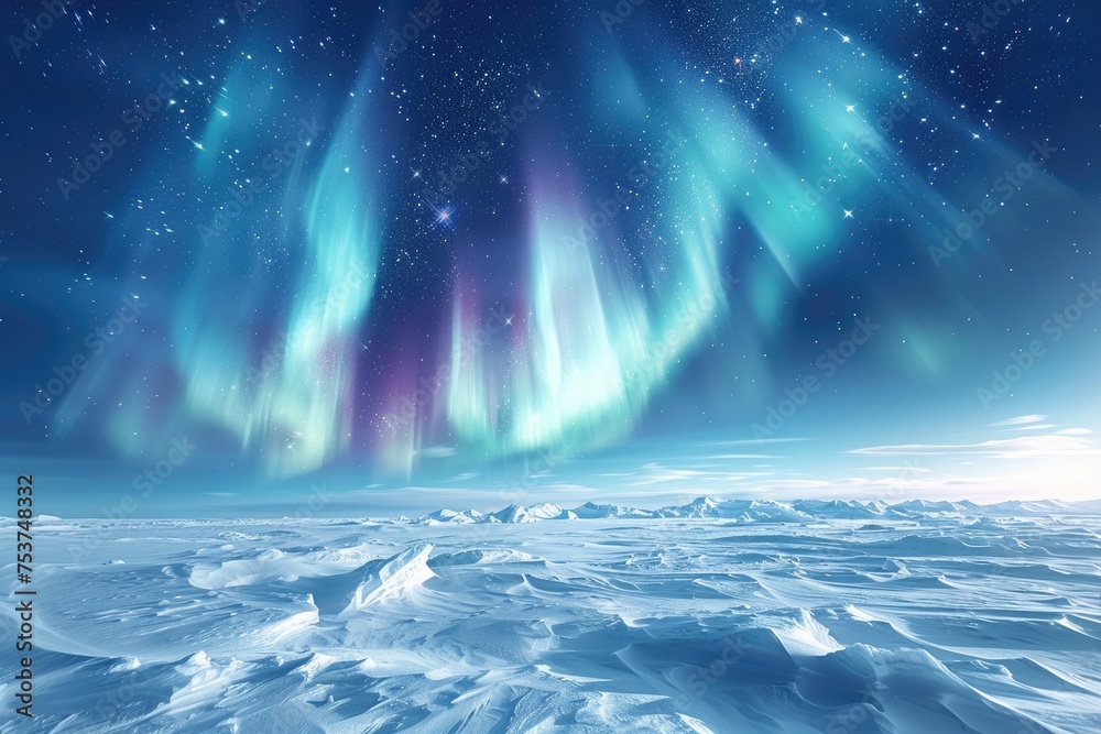 Stunning display of Northern Lights, Aurora Borealis, over a serene frozen mountain lake with clear starry sky.