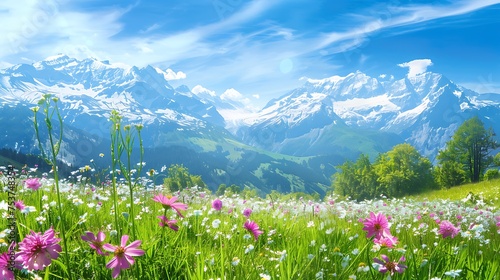 mountain landscape in the Alps with blooming meadows in springtime