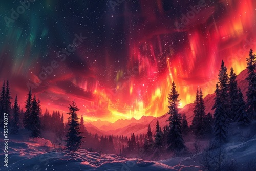 Stunning display of Northern Lights, Aurora Borealis, over a serene frozen mountain lake with clear starry sky.