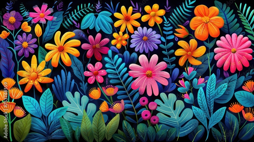 a painting of a bunch of flowers on a black background with leaves and flowers on the bottom half of the frame. a painting of a bunch of flowers on a black background with leaves and flowers on the bottom half of the frame.