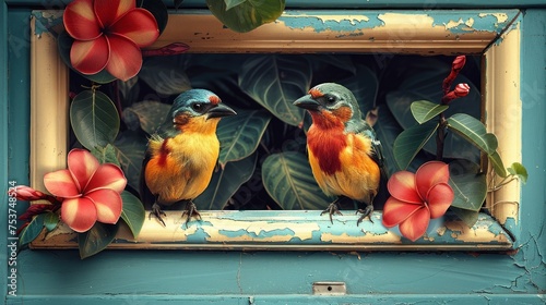 a couple of birds sitting on top of a window sill next to a green plant and a red flower. photo
