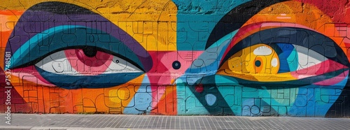 Colorful street art mural on an urban wall featuring abstract depiction of human eyes in a vibrant palette of red, blue, yellow, and pink.