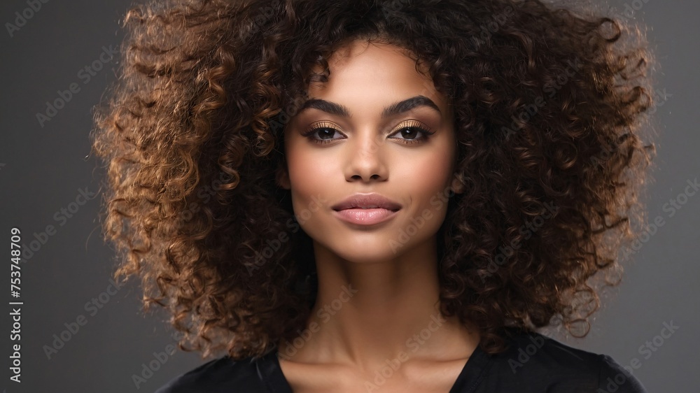 Beautiful smirking curly brunette american african woman with healthy skin looks at the camera. Natural makeup of a young beautiful model on a studio background. Cosmetic concept.