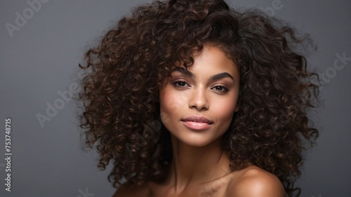 Beautiful smirking curly brunette american african woman with healthy skin looks at the camera. Natural makeup of a young beautiful model on a studio background. Cosmetic concept.