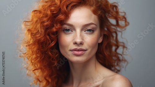 beautiful smirking curly redhead woman with healthy skin looks at the camera. natural makeup of a young beautiful model on a studio background. cosmetic concept.