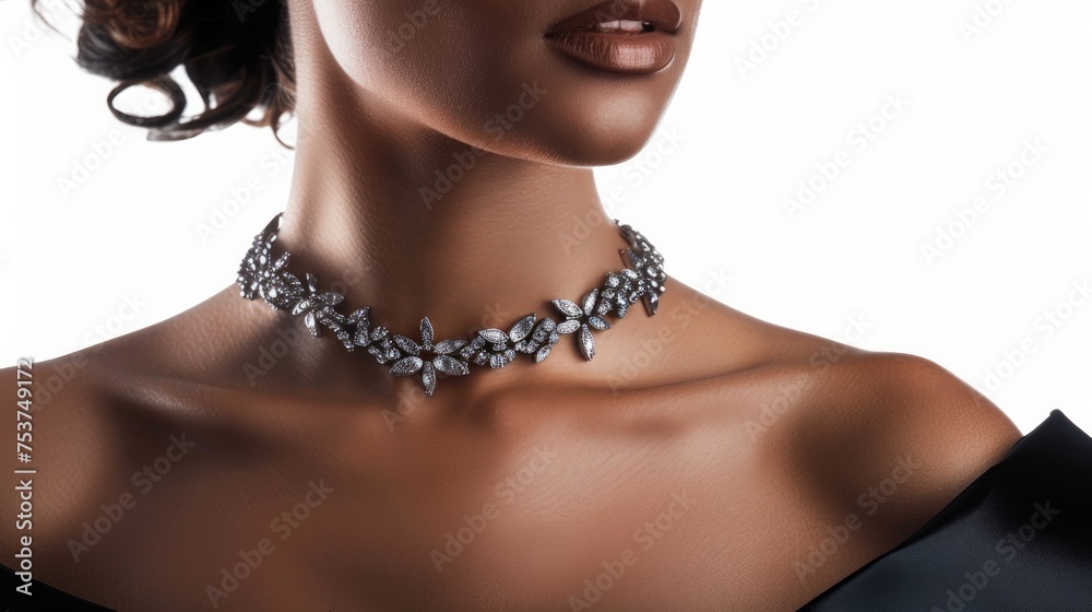 woman wearing luxury fashion necklace on white isolated background