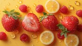 a group of strawberries, lemons, and strawberries on a yellow surface with drops of water on them.