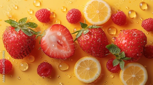 a group of strawberries, lemons, and strawberries on a yellow surface with drops of water on them.