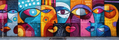 Vibrant street art mural on an urban wall featuring stylized eyes with a kaleidoscope of colors and abstract patterns.