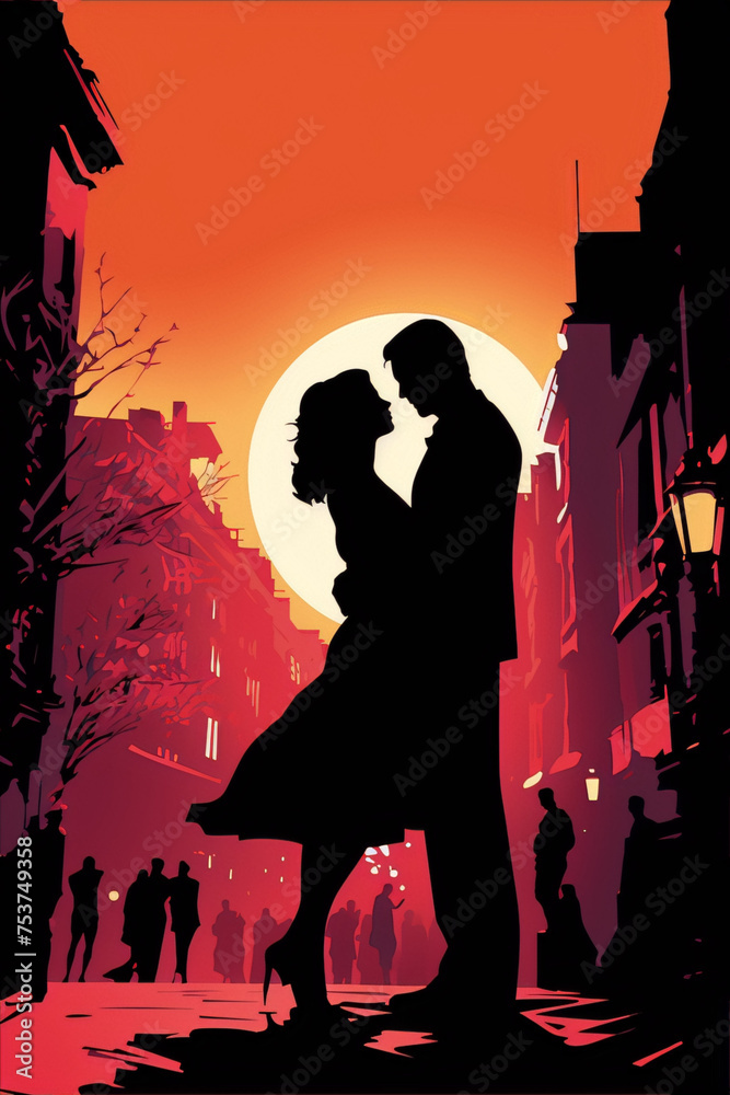 A couple is kissing in the middle of a busy street with a full moon in the background.,Minimalist vector art