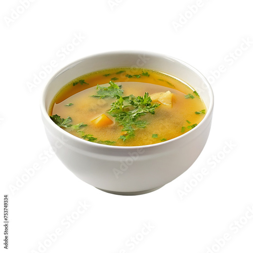 Chicken soup in a bowl isolated on transparent background. Top view.