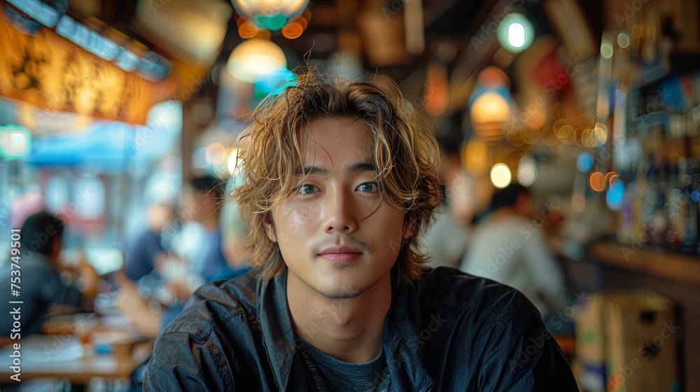 A photo of an attractive young Asian man sitting in a bar. He has messy blonde hair and soft green eyes. Casual at night time with people around him.
