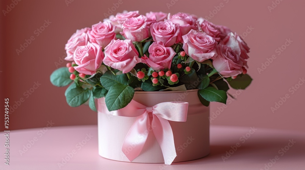 a bouquet of pink roses in a pink vase with a pink bow on a pink table with a pink wall in the background. a bouquet of pink roses in a pink vase with a pink bow on a pink table with a pink wall in the background.