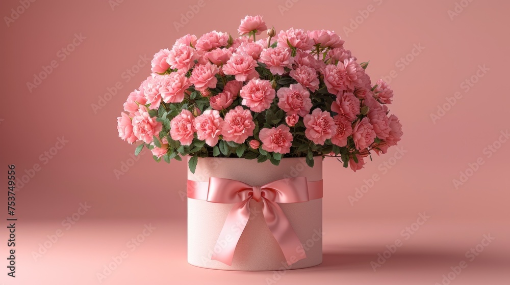 a bouquet of pink carnations in a white vase with a pink ribbon on a pink background with a pink background.