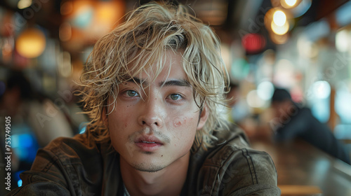 A photo of an attractive young Asian man sitting in a bar. He has messy blonde hair and soft green eyes. Casual at night time with people around him.