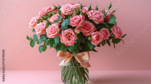 a bouquet of pink roses in a glass vase with a bow on a pink background with a light pink backdrop. photo