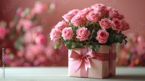 a bouquet of pink roses in a pink and white striped box with a pink bow on a table in front of a pink background.
