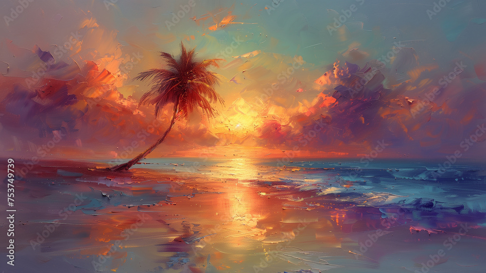 A painting of a palm tree in the ocean with the sun setting in the background