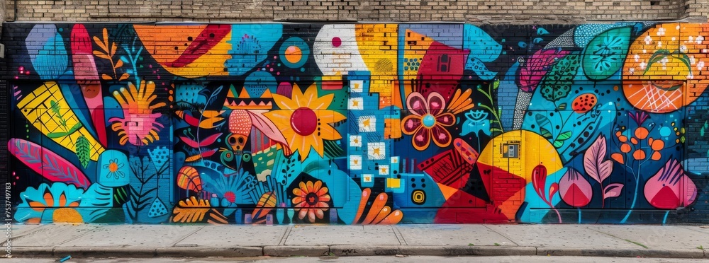Dynamic street art mural on an urban wall featuring a colorful collage of flora and geometric shapes in a vivid, eclectic design.