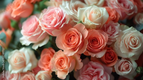a close up of a bunch of pink and white roses with green stems in the foreground and a blurry background of pink and white roses in the background. photo