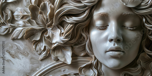 Classic Bas-Relief Sculpture Detail. Detailed close-up of a plaster bas-relief, showcasing a serene face amidst floral motifs.