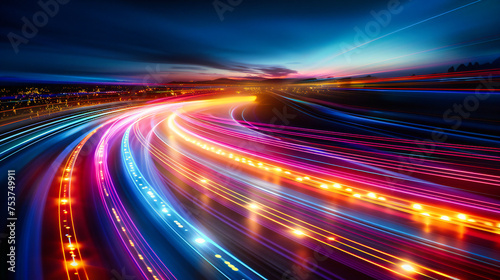 Fast-paced Traffic on Highway at Night, Lights Blurring in Motion, Urban Transportation Concept photo