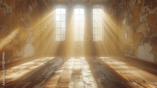 an empty room with a wooden floor and a bright light coming from a window in the center of the room. photo