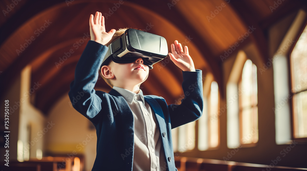 Little boy in suit wearing virtual reality glasses and looking surprised up in a futuristic environment. Virtual technology Little boy in suit wearing virtual reality glasses and looking surprised up in a futuristic environment. Virtual technology
