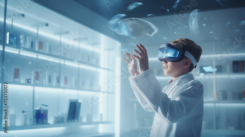 Side view portrait of little boy wearing VR headset and reaching out while testing augmented technology in school laboratory