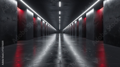 a long dark hallway with red and white lights on either side of it and a long hallway with red and white lights on either side of it. © Shanti